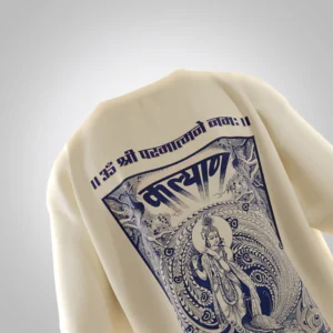 T-shirt featuring Lord Krishna playing the flute with a vibrant peacock feather motif