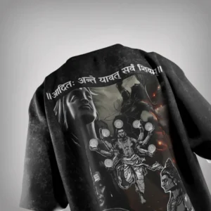 Back view of black Mahadev t-shirt featuring Adiyogi, Shiva Tandav, and divine artwork