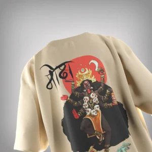 Beige oversized t-shirt featuring Goddess Kali and the Hindi word Moksh on the back